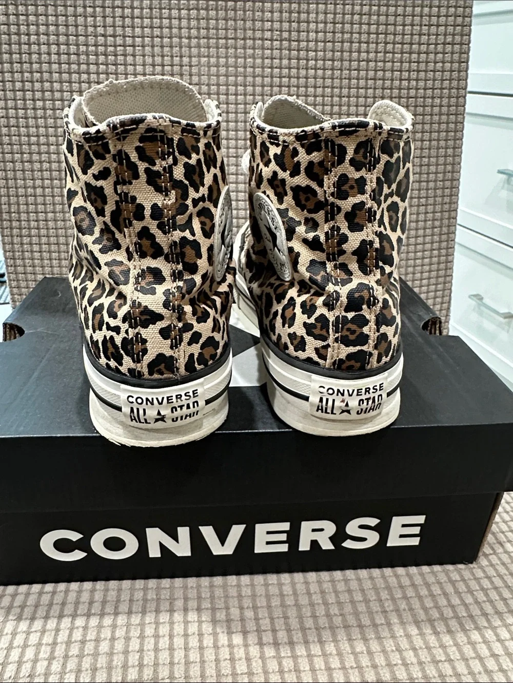Girls 3 Converse platform Leopard Print High Top Sneakers - Beige/Black